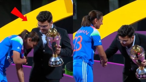  ട്രോഫി ഏറ്റുവാങ്ങാനെത്തിയ ഹർമൻ കാലില്‍ തൊട്ട് വണങ്ങാന്‍ ശ്രമിച്ചു; തടഞ്ഞ് ജയ് ഷാ