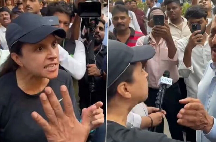  മുംബൈയിൽ ബിജെപി റാലി തടഞ്ഞ്, മന്ത്രിയെ നടുറോട്ടില്‍ നിർത്തിപ്പൊരിച്ച് യുവതി