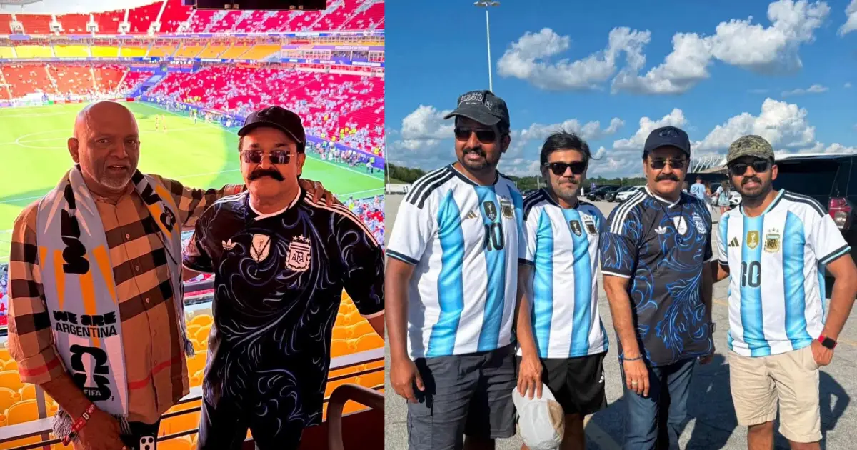  ഗ്രൗണ്ടിൽ ഫുട്ബോൾ ഗോട്ട്, ഗാലറിയിൽ മലയാളത്തിന്റെ ഗോട്ട്; അർജന്റീനയുടെ ആവേശവിജയത്തിന് സാക്ഷിയായി മോഹൻലാലും