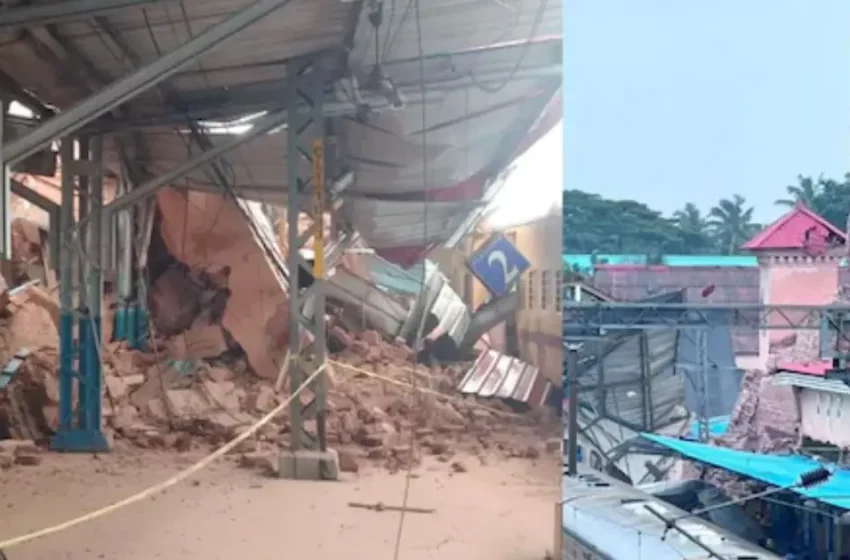  കോഴിക്കോട് റെയിൽവേ സ്റ്റേഷനിൽ ക്ലോക്ക് ടവർ തകർന്നുവീണു; ട്രെയിനിന് മുകളിലേക്ക് അവശിഷ്ടങ്ങൾ പതിച്ചു, ഒഴിവായത് വൻ ദുരന്തം