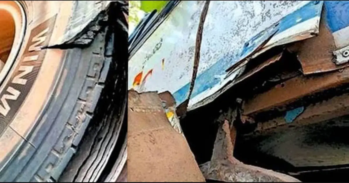  ഓടിക്കൊണ്ടിരുന്ന പ്രിയദർശിനി ബസിന്റെ ടയർ പൊട്ടിത്തെറിച്ച് പ്ലാറ്റ്ഫോം തകർന്നു; സീറ്റിലിരുന്ന യുവതി താഴേക്ക് വീണ് കാലൊടിഞ്ഞു