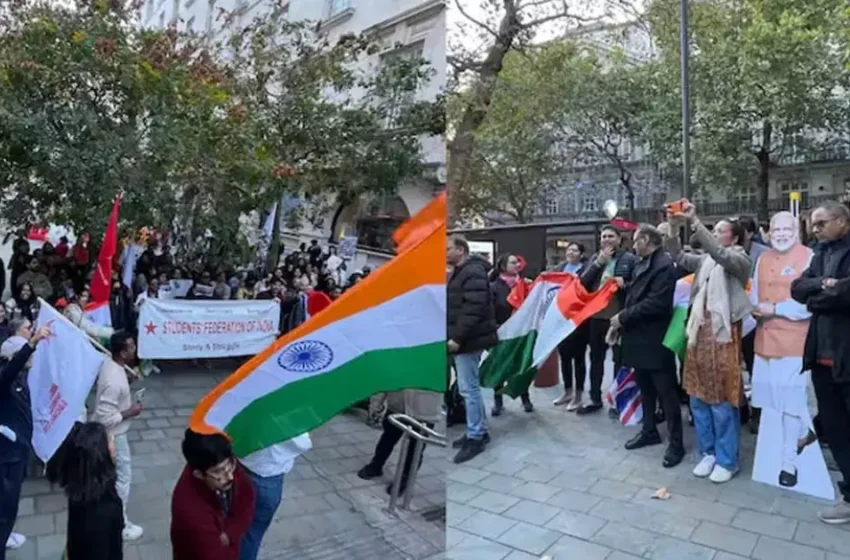  ഗ്യാനേഷ് കുമാറിന്റെ രാജി: ലണ്ടനിലെ ഇന്ത്യൻ ഹൈക്കമ്മീഷന് മുന്നിൽ എസ്എഫ്ഐ പ്രതിഷേധം; ബദൽ പ്രതിഷേധവുമായി ബിജെപി അനുകൂലികളും