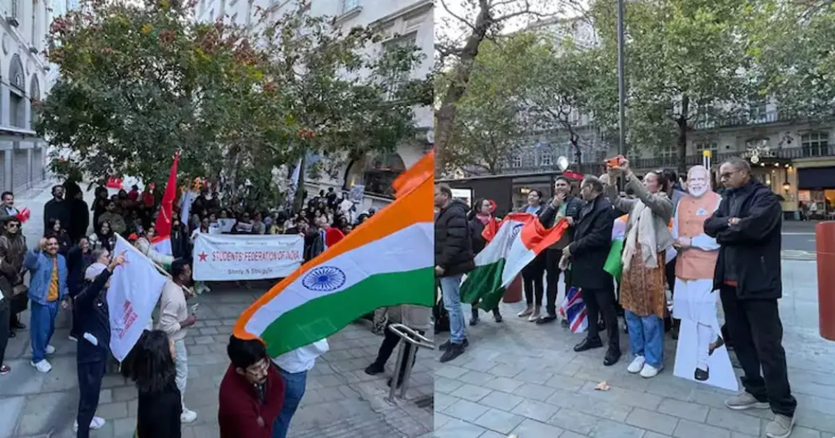  ഗ്യാനേഷ് കുമാറിന്റെ രാജി: ലണ്ടനിലെ ഇന്ത്യൻ ഹൈക്കമ്മീഷന് മുന്നിൽ എസ്എഫ്ഐ പ്രതിഷേധം; ബദൽ പ്രതിഷേധവുമായി ബിജെപി അനുകൂലികളും