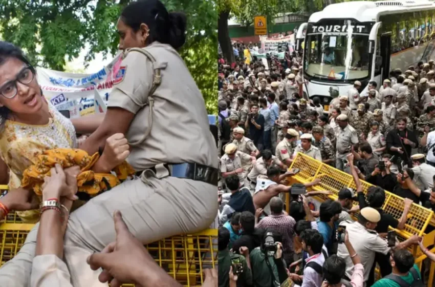 പോലീസ് ബസ് തകർത്തു, കസ്റ്റഡിയിലെടുത്തവരെ വിട്ടയച്ചിട്ടും മാറാതെ പ്രതിഷേധക്കാർ; ഡൽഹിയിൽ സമരം കനക്കുന്നു