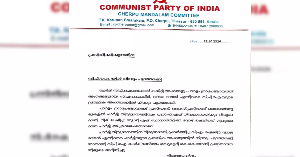 തൃശൂർ പാറളം പഞ്ചായത്ത് ഭരണം: വിപ്പ് ലംഘിച്ച് കോൺഗ്രസിന് വോട്ട് ചെയ്ത രണ്ട് അംഗങ്ങളെ സിപിഐ പുറത്താക്കി